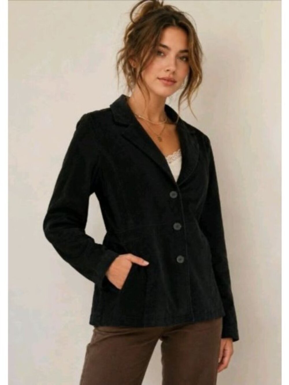 Vtg Womens Faux Suede Jacket Blazer Y2K Fall Preppy Casual Pockets Black Size L